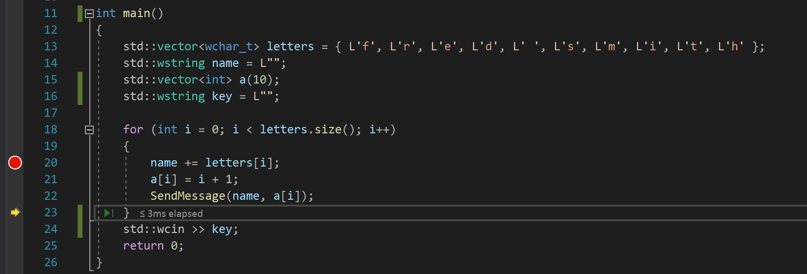 Screenshot that shows the debugger stepped over the SendMessage method and the yellow pointer indicating the pause ___location.