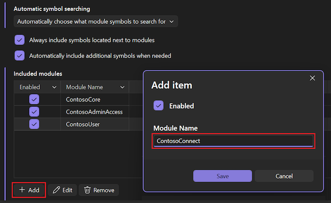 Screenshot that shows how to create the list of included modules.