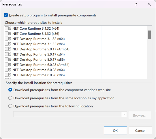 Screenshot of Prerequisites dialog box in Visual Studio.