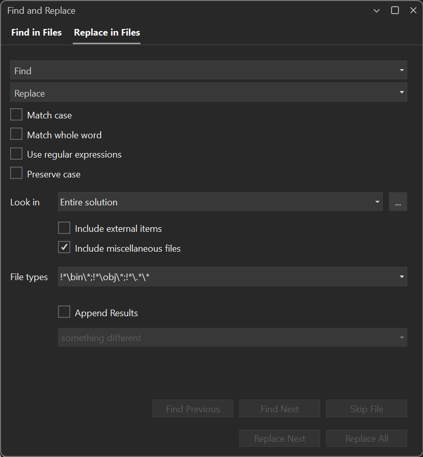 Screenshot of the Find and Replace dialog in Visual Studio 2022. The Replace in Files tab is open.