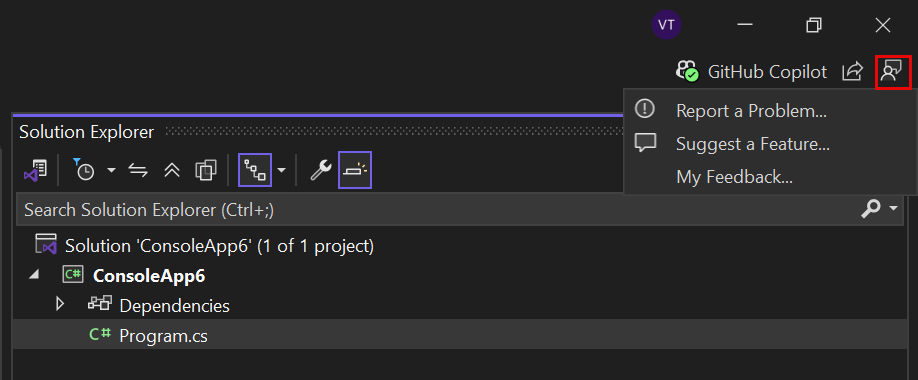 Screenshot of the Send Feedback button and menu in Visual Studio 2022.