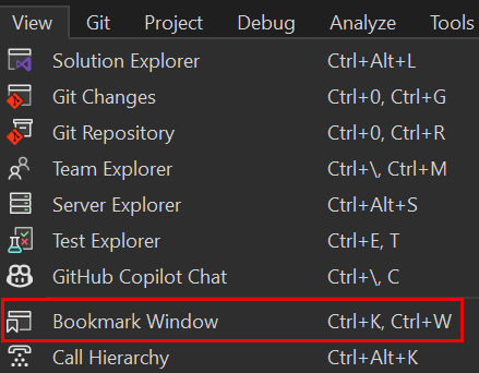 Screenshot that shows the Bookmarks window option in the View menu.