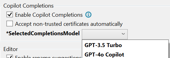 Screenshot that shows the Completions Model Picker.