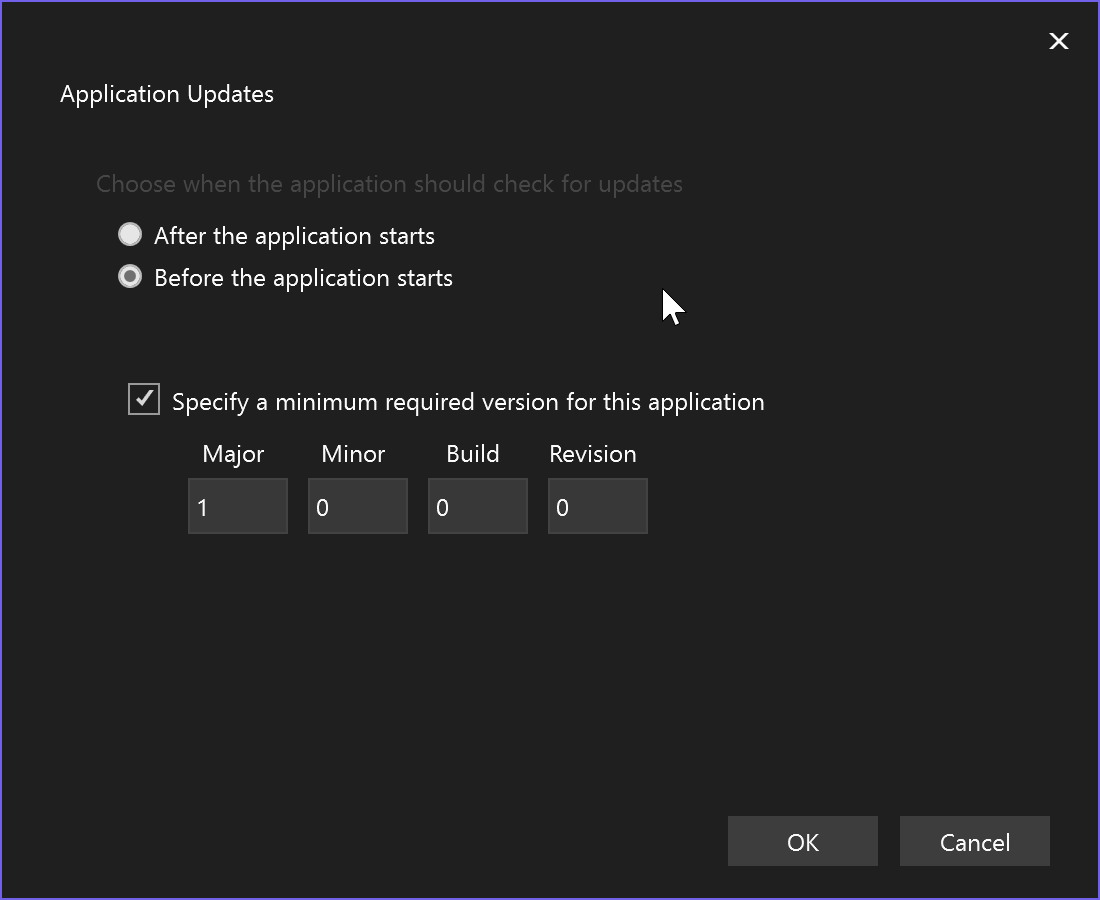 Screenshot showing the Application Settings screen in Visual Studio, reached from the Update Settings link on the Settings page in the Publish wizard.