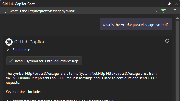 Example of Copilot Chat demonstrating understanding of external symbols from project dependencies