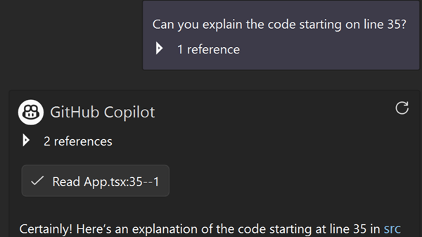 Example showing improved line number accuracy when referencing specific code sections in Copilot Chat