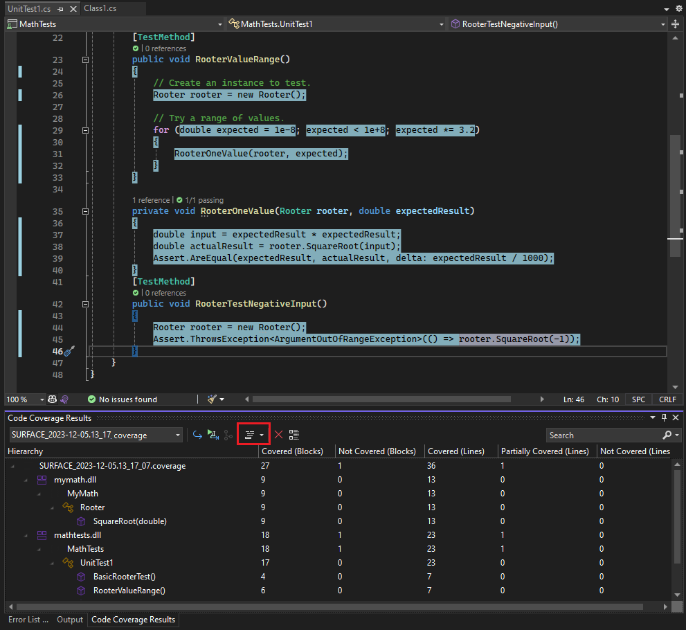 Screenshot of the Analyze Code Coverage window showing test coverage results and statistics