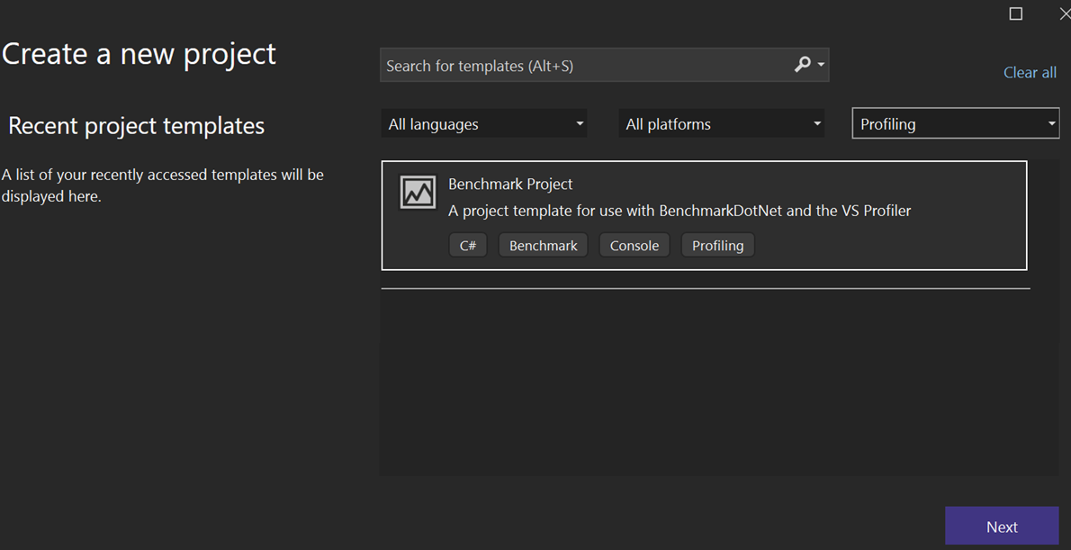 Screenshot of the BenchmarkDotNet project template selection dialog in Visual Studio's New Project window
