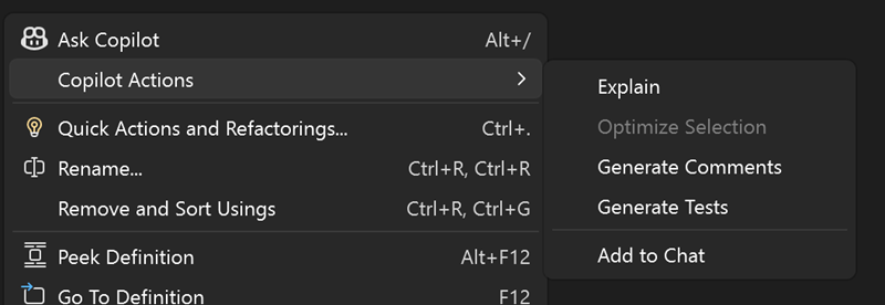 Copilot Actions in the Context Menu. Screenshot of the Copilot actions available in the Visual Studio context menu.