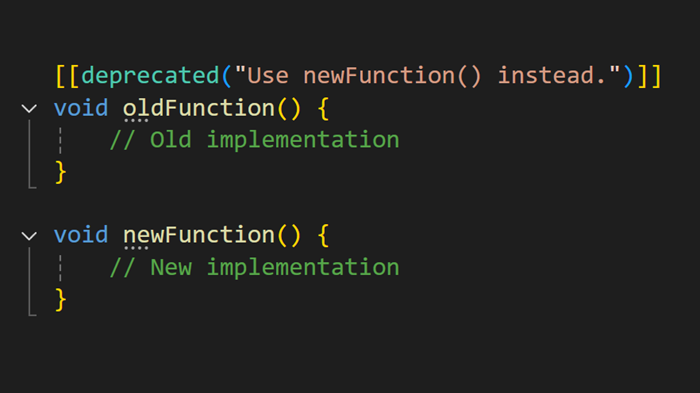 Screenshot showing the C++ deprecated attribute with syntax highlighting applied in the Visual Studio editor