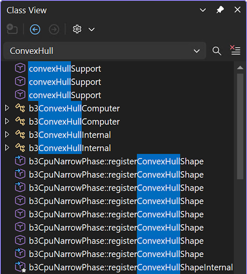 A string typed in the Class View window now matching substrings