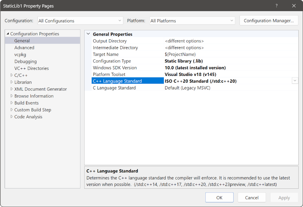 Project properties showing C++20 selected by default