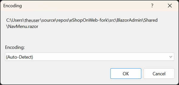 Encoding selection dialog displaying available encoding options in a dropdown list