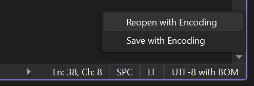 Context menu showing save and reopen options when clicking the encoding margin