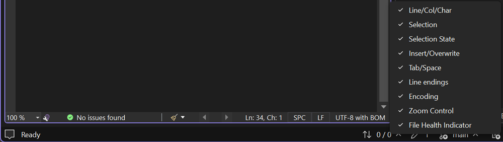 Editor margins context menu showing all available margin display options
