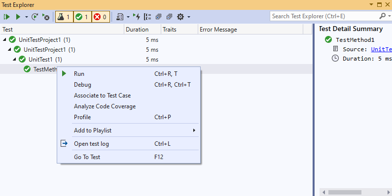 Screenshot that shows a Test Explorer context menu.