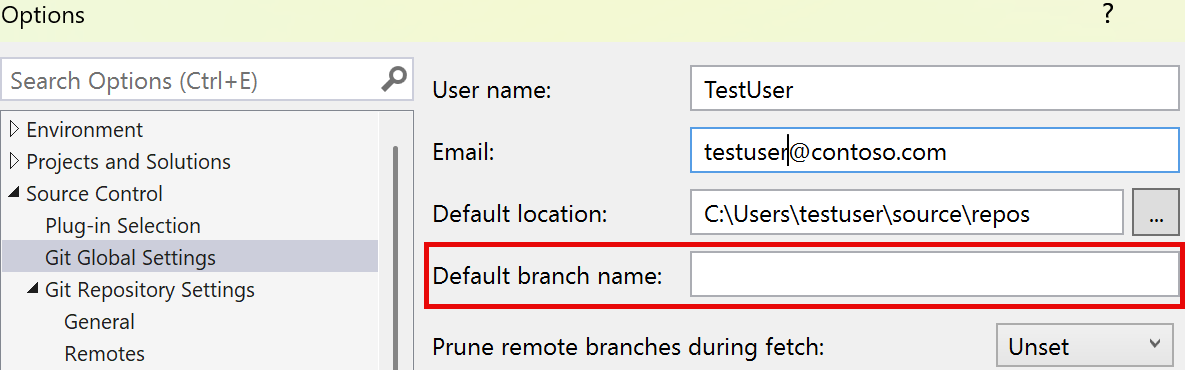 Screenshot showing the default branch name field in the Options dialog box.