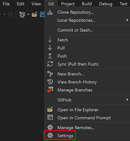 The Git menu with a callout to the Settings command.