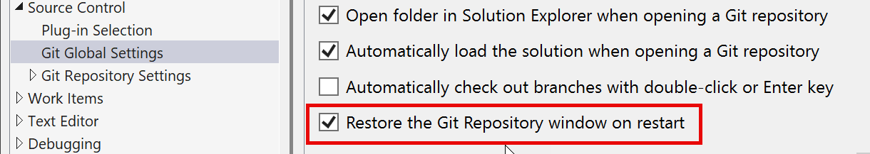 Screenshot showing the Restore Git Repository window setting in the Options dialog box.