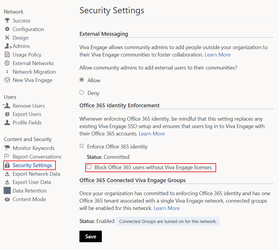Screenshot of Block Office 365 users without Viva Engage licenses checkbox in Viva Engage Security Settings.