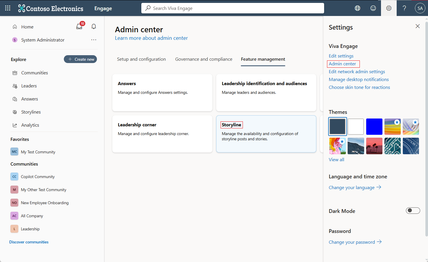 Screenshot of the entry point into managing storyline settings.