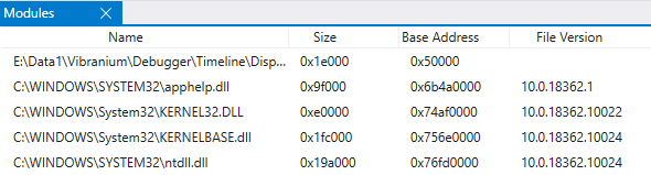 Screenshot of WinDbg Modules window that displays five listed modules.