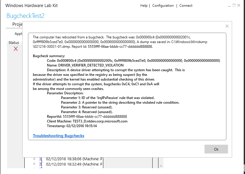 sample bugcheck summary information dialog