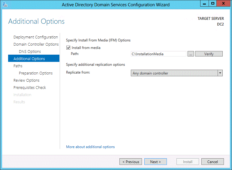 Screenshot of the Additional Options page of the wizard. A media installation path is visible. The replication source is set to any ___domain controller.