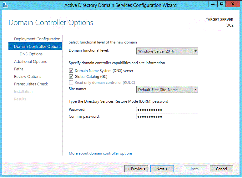 Screenshot of the Domain Controller Options page of the wizard. A ___domain functional level, available roles, and DSRM password fields are visible.