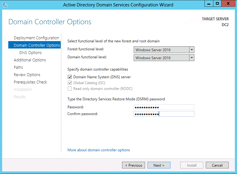 Screenshot of the Domain Controller Options page of the wizard. Forest and ___domain functional levels, available roles, and password fields are visible.