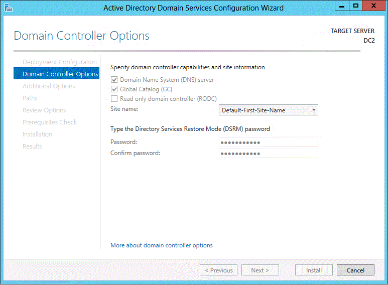 Screenshot of the Domain Controller Options page of the wizard. Available roles, a site name, and DSRM password fields are visible.