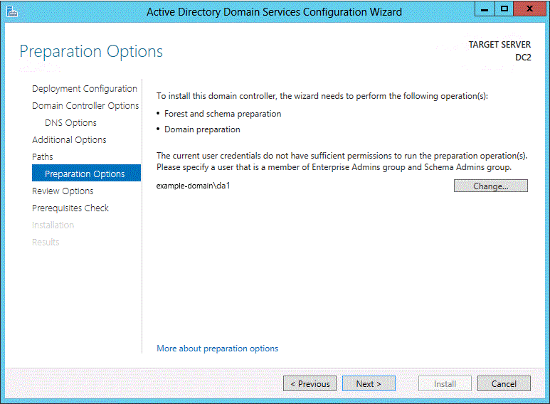 Screenshot of the Preparation Options page of the wizard. Text about insufficient permissions is visible. A button is available for changing the user.