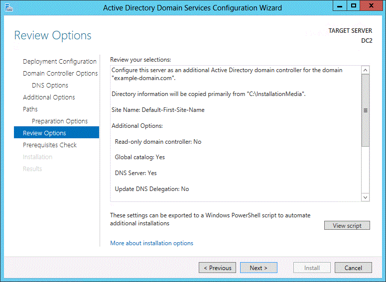 Screenshot of the Review Options page of the wizard. Text summarizes selected options for the server that is becoming a ___domain controller.