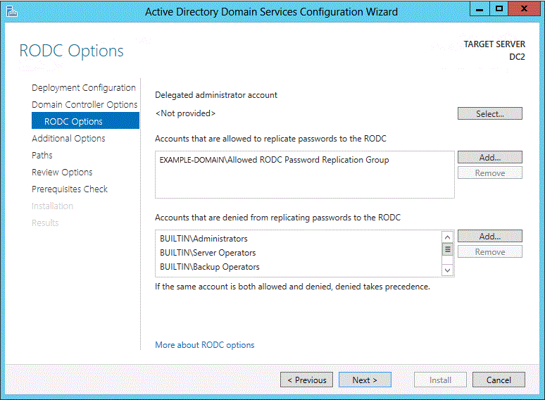 Screenshot of the RODC Options page of the wizard, with accounts that do and do not replicate passwords and buttons for editing the accounts.
