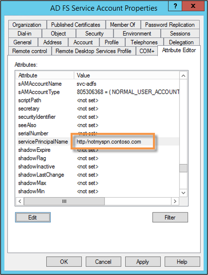 Screenshot that shows the Attribute Editor tab of the A D F S Service Account Properties dialog showing the service principal name value called out. 