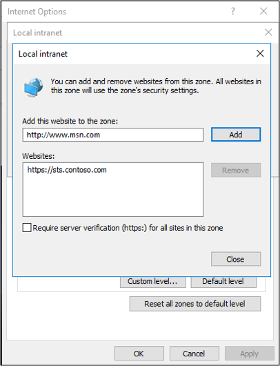 Screenshot that shows the Local intranet window in front of the Internet Options dialog.