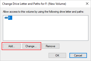Screenshot of the Change Drive Letter and Paths dialog that shows how to select Change or Add for a drive letter assignment.