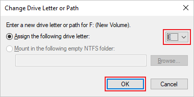 Screenshot of the Change Drive Letter or Path dialog that shows how to assign a new drive letter.