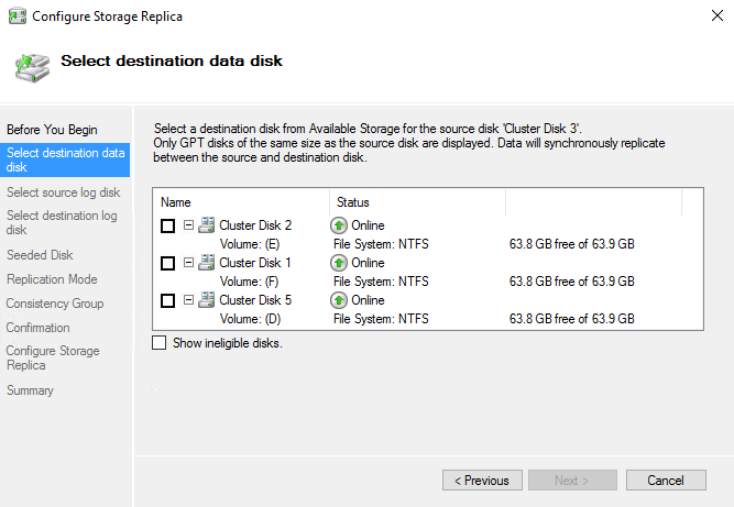 A screenshot showing the Select destination data disk page of the Configure Storage Replica wizard.