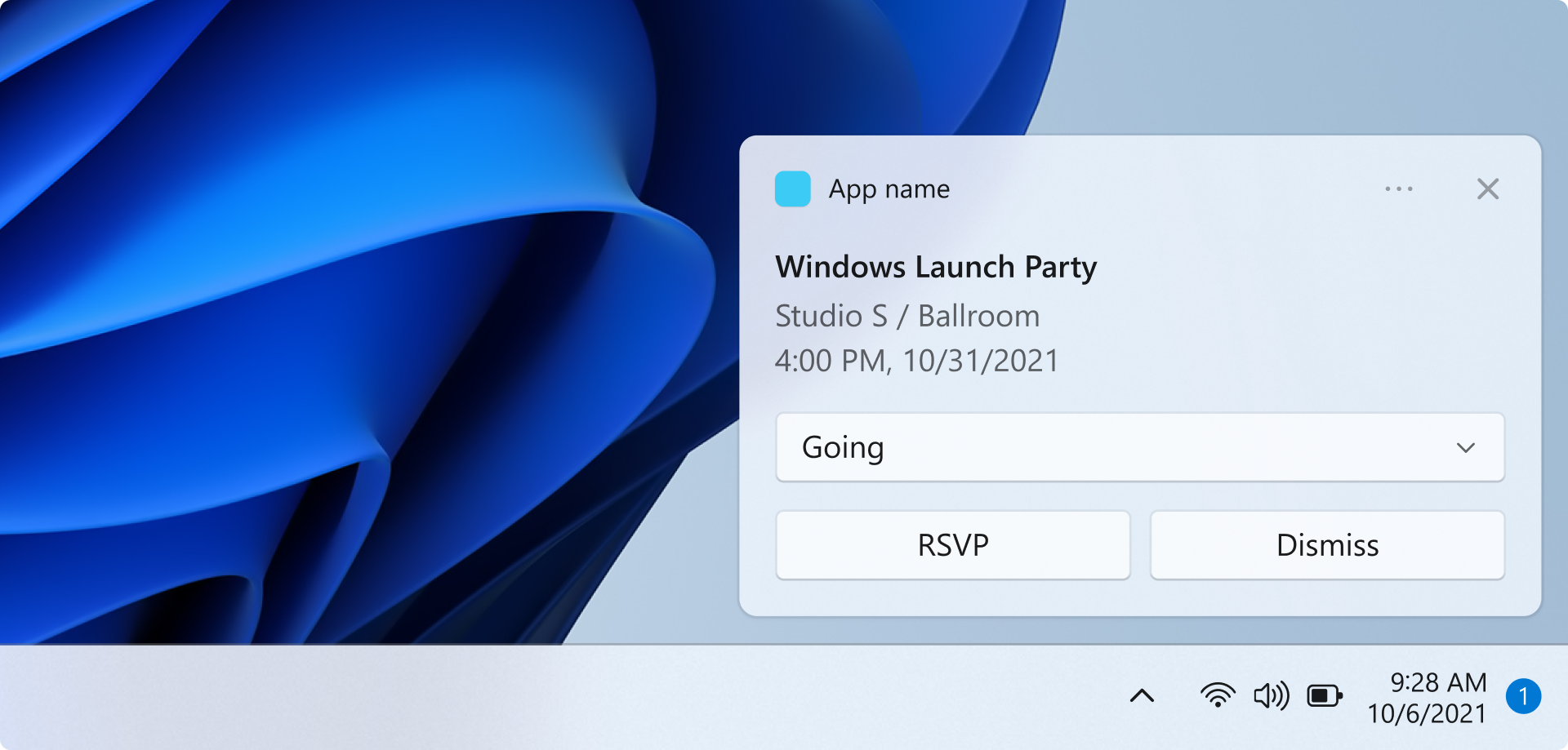 A screen capture showing an app notification above the task bar. The notification is a reminder for an event. The app name, event name, event time, and event ___location are shown. A selection input displays the currently selected value, "Going". There are two buttons labeled "RSVP" and "Dismiss"
