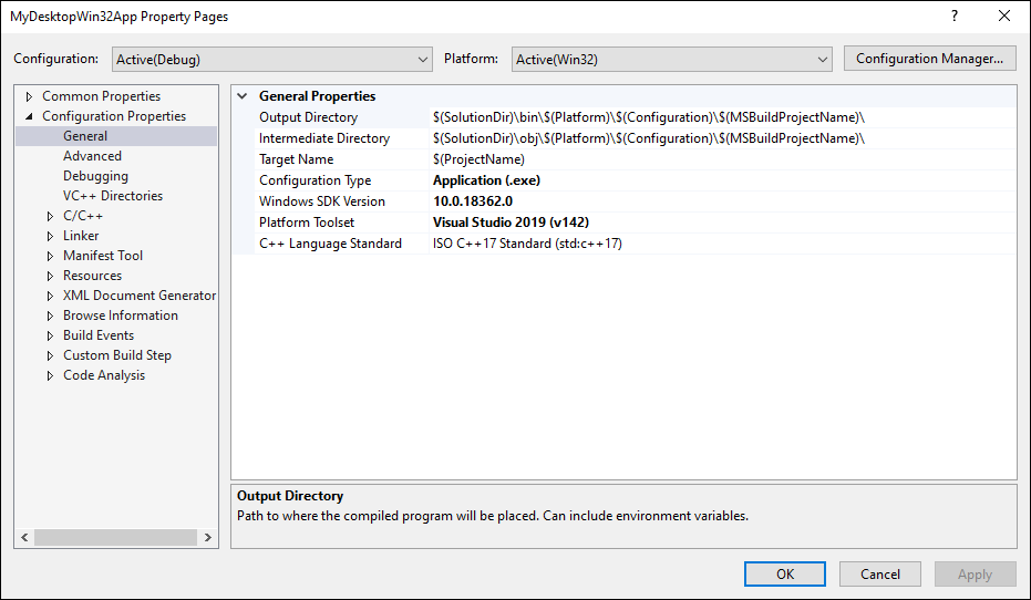 Screenshot of the Project Property page with Configuration Properties - General selected and the General Properties displayed.