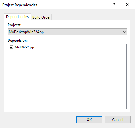 Screenshot of the Project Dependencies dialog with the current project selected from the Projects drop-down and the MyUWPApp dependency checked in the 'Depends on:' panel.