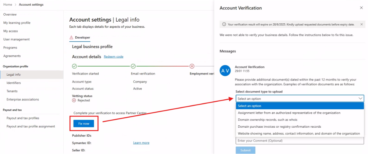 Fix rejeciton ___location in Partner Center