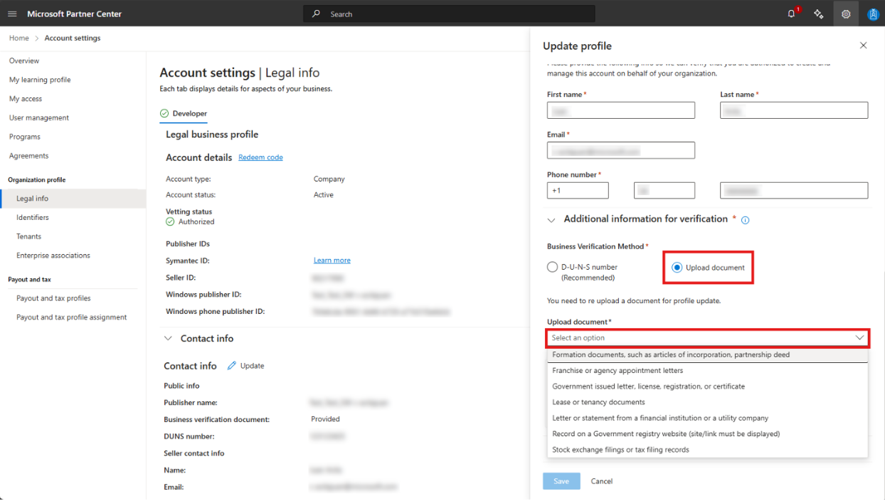 Upload Document ___location in Partner Center