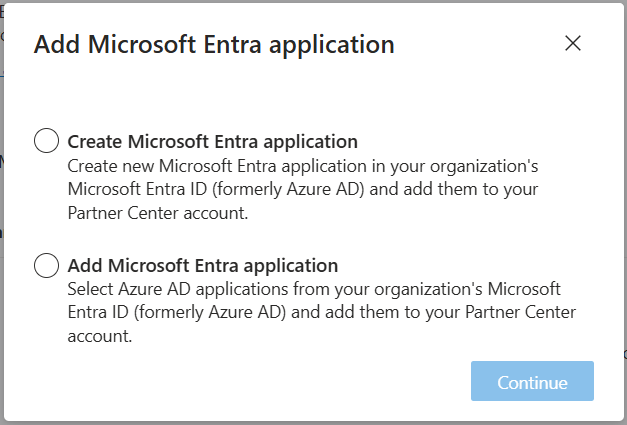 Screenshot showing different options to add a microsoft entra application.