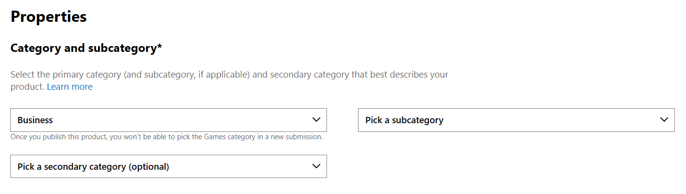 A screenshot of the Properties section where you can provide category and sub-category for your app.