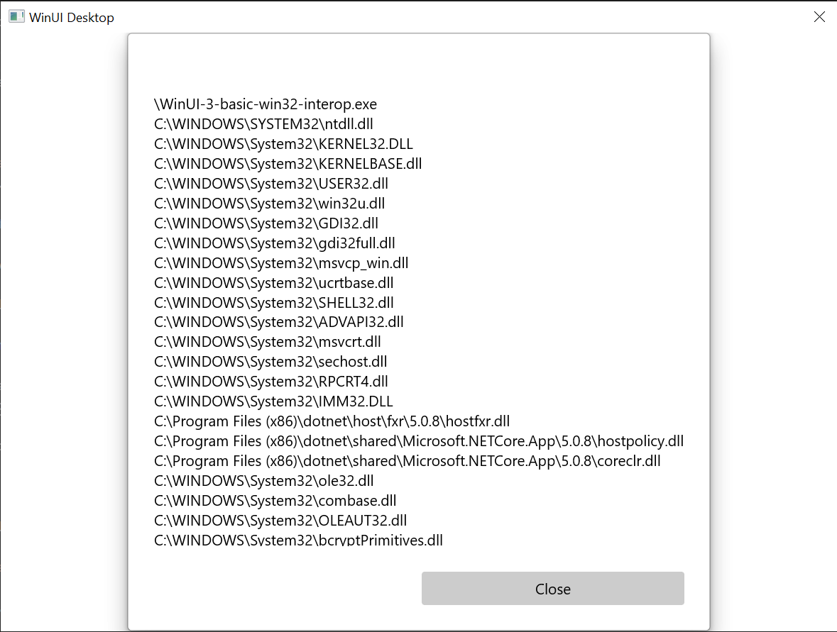 Screenshot of the basic Win32 interop application described in this topic.