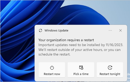 Screenshot of the initial toast notification displayed in Windows 11 version 23H2, or later, for a user when a restart is needed for an update but isn't past the deadline.