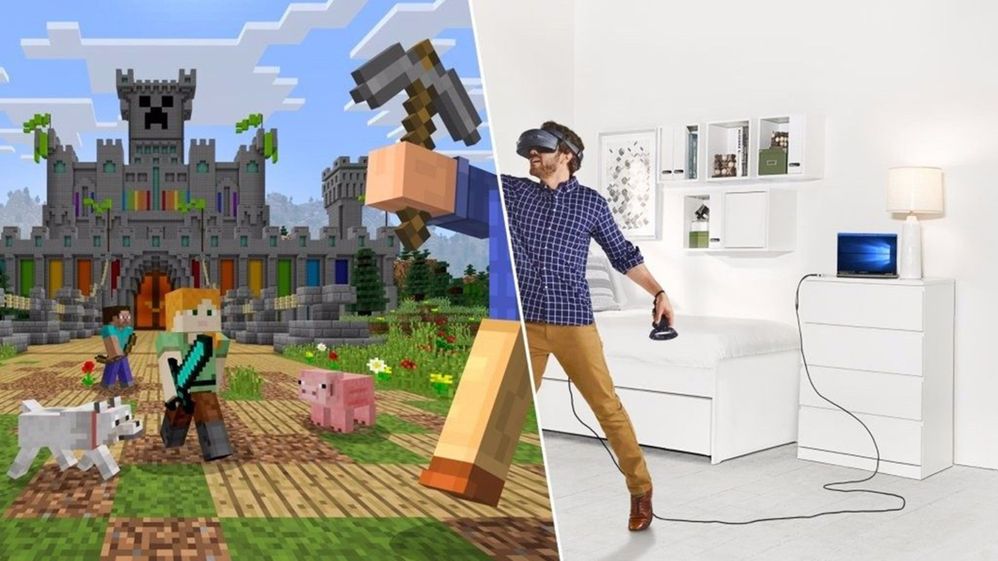 Screenshot of Minecraft being played by a user wearing a mixed reality headset