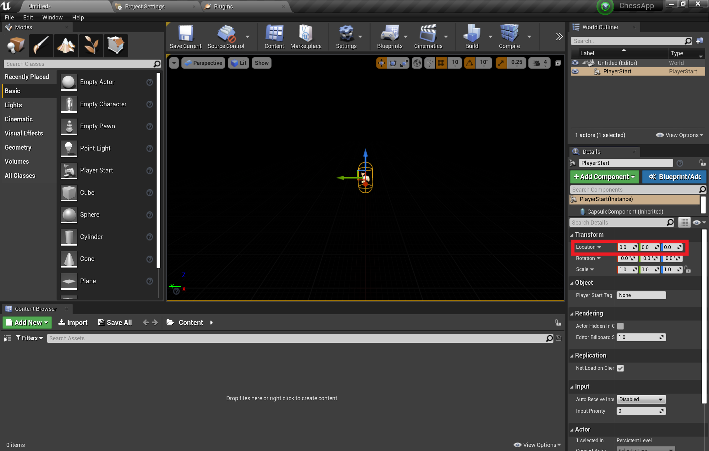 Unreal editor scene with ___location and player start added